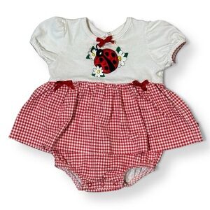Vintage Buster Brown Ladybug Bubble Romper – Red Gingham Baby Outfit 12m